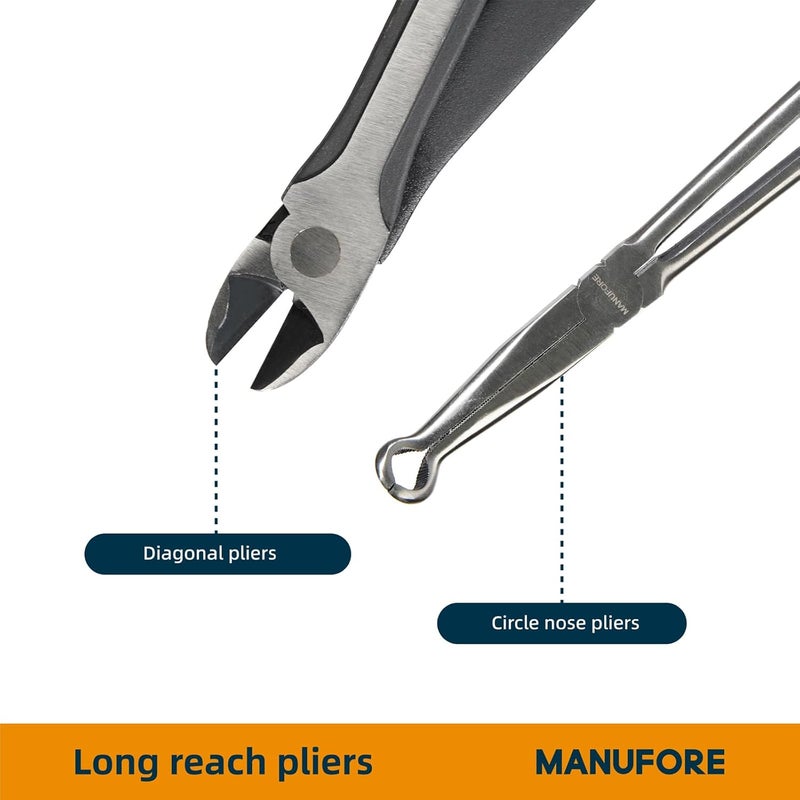 MANUFORE 5-Piece 11-Inch Long Nose Pliers Set- Straight, 45° and 90° Bent, Circle Nose and Diagonal Pliers-Premium Carbon Steel & CR-V, Long Reach for Electronics, Automotive and DIY - Image 5